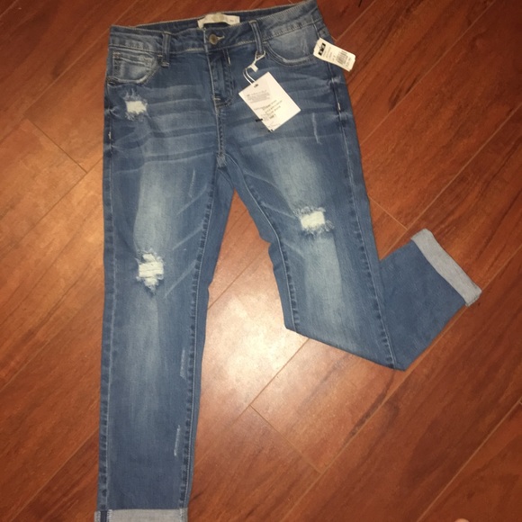 Distressed Skinny Denim Jeans Mid-Rise Calf Pants - Picture 2 of 5